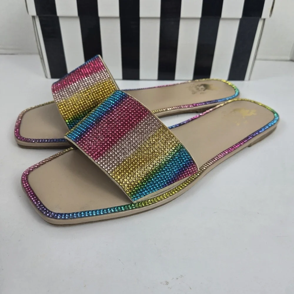 Camel Threads XO Cosmo Striped Rhinestone Slides Open Toe Flats Womens 9 NIB $48